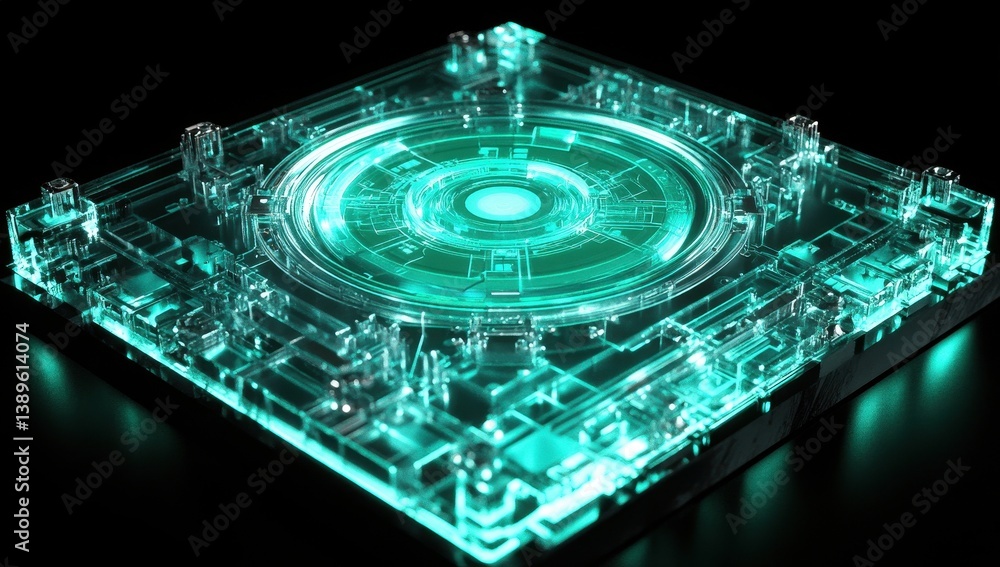 Poster Glow Abstract Technological Circuit Board with Intricate Geometric Pattern Electronic Component and Artificial Intelligence 3D Rendered Design on Dark Background