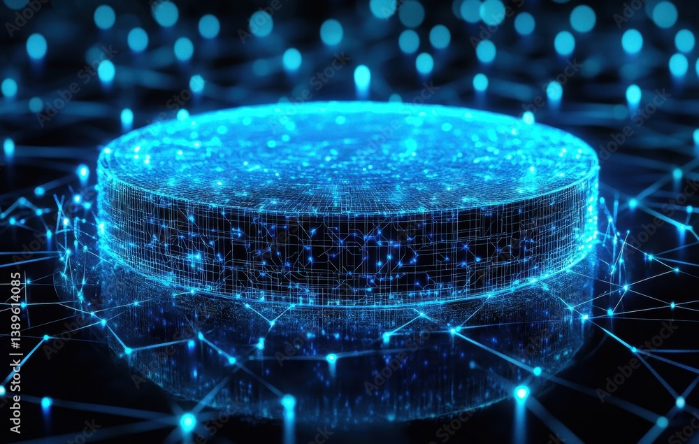 Poster Glowing Blue Abstract Technology Platform with Network Connections and Data Flow in a Futuristic Cyberspace