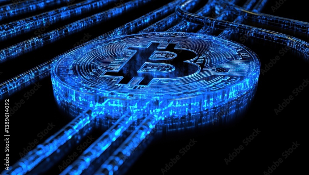 Poster glowing blue bitcoin symbol with digital network on black background representing cryptocurrency fut