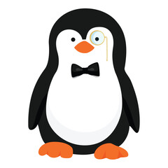 Vector icon little penguin.  Penguin cartoon character with bow tie and monocle isolated on white background