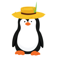 Vector icon little penguin. Penguin cartoon character in  straw farmer hat isolatedon white background