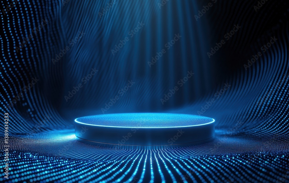Leinwandbilder Glowing Blue Light on Round Platform with Dark Background Wavy Lines and Spotlights Creates a Futuristic and Abstract Elegant Presentation Stage