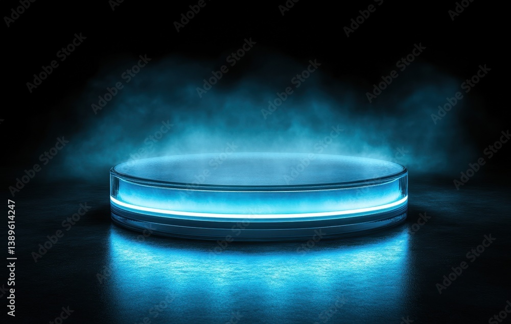 Aufkleber Glowing Blue Round Podium Stage with Spotlight and Smoke Effect Product Display Platform 3D Render Presentation in Dark Background