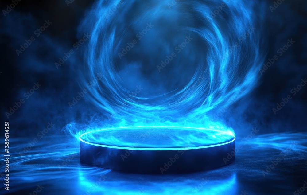 Poster Glowing Blue Particle Vortex on a Modern Podium Stage with Dynamic Light Effects Presentation Platform with Futuristic Geometric Design in Dark Background