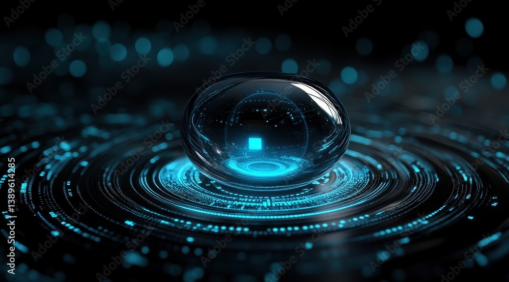 Fototapete Glowing Blue Sphere with Digital Circuitry on Dark Surface in a Circular Light Pattern Technology and Futuristic Concept