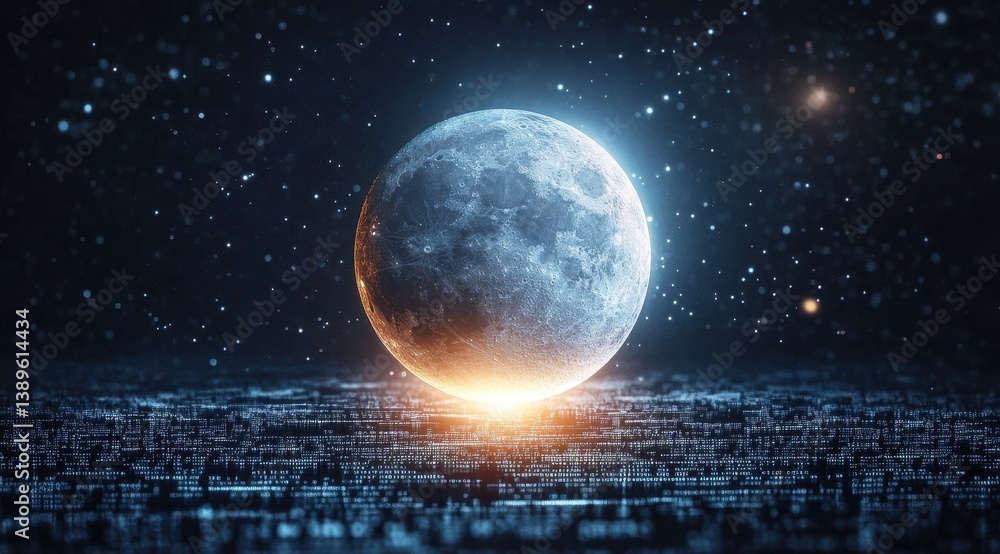Fototapete Glowing Digital Sphere with Blue Pixels Against Dark Background and Orange Light Futuristic Design for Abstract Network Structure