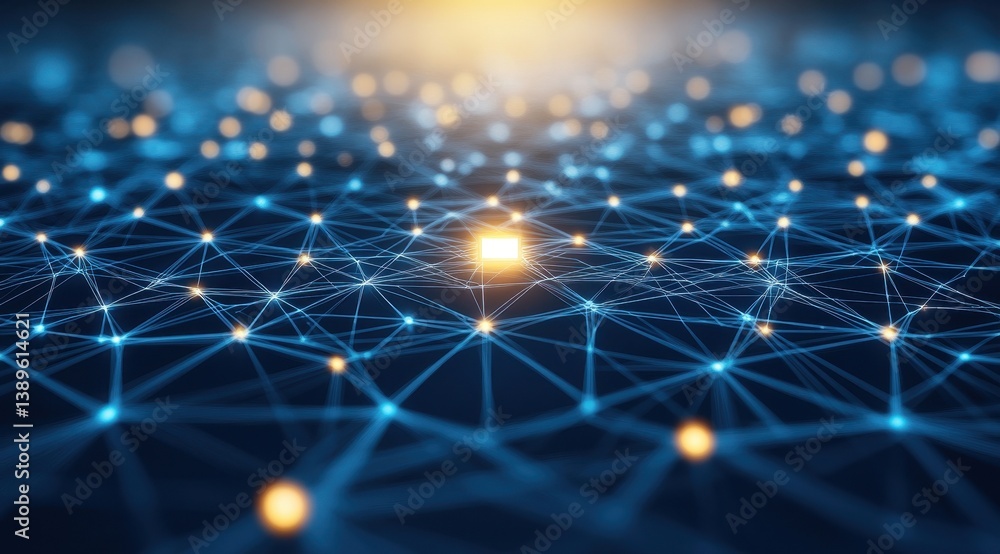 Poster Glowing Network of Blue and Gold Connecting Dots with Intersecting Lines Abstract Data Structure and Artificial Intelligence Concept