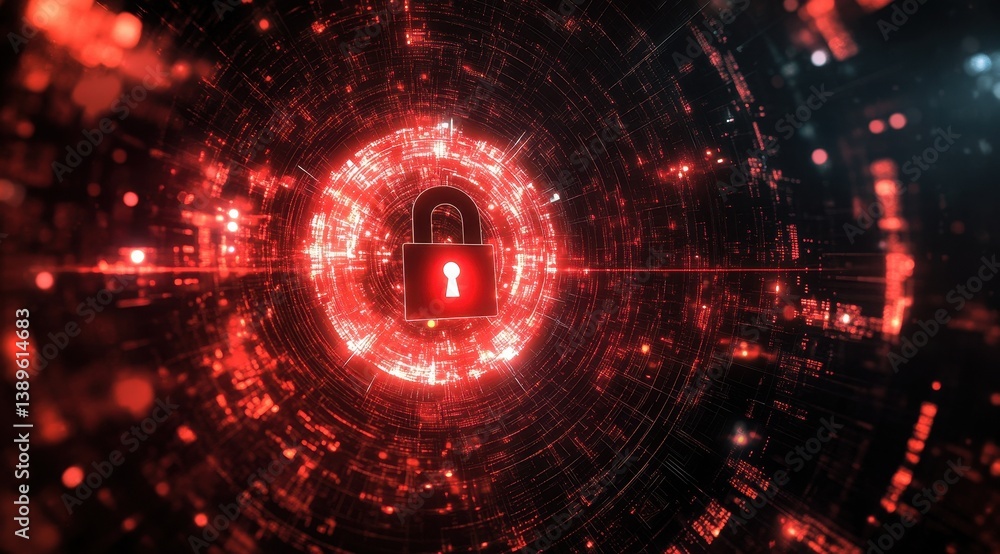 Aufkleber Glowing Red Padlock Inside a Digital Tunnel Illustrating Data Protection Cybersecurity and Network Safety with Binary Code and Abstract Cybernetic Elements for Online Privacy