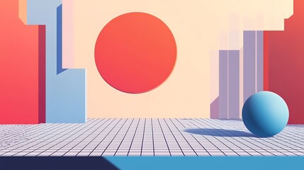 Abstract geometric shapes, pastel colors, sun, sphere, grid floor.