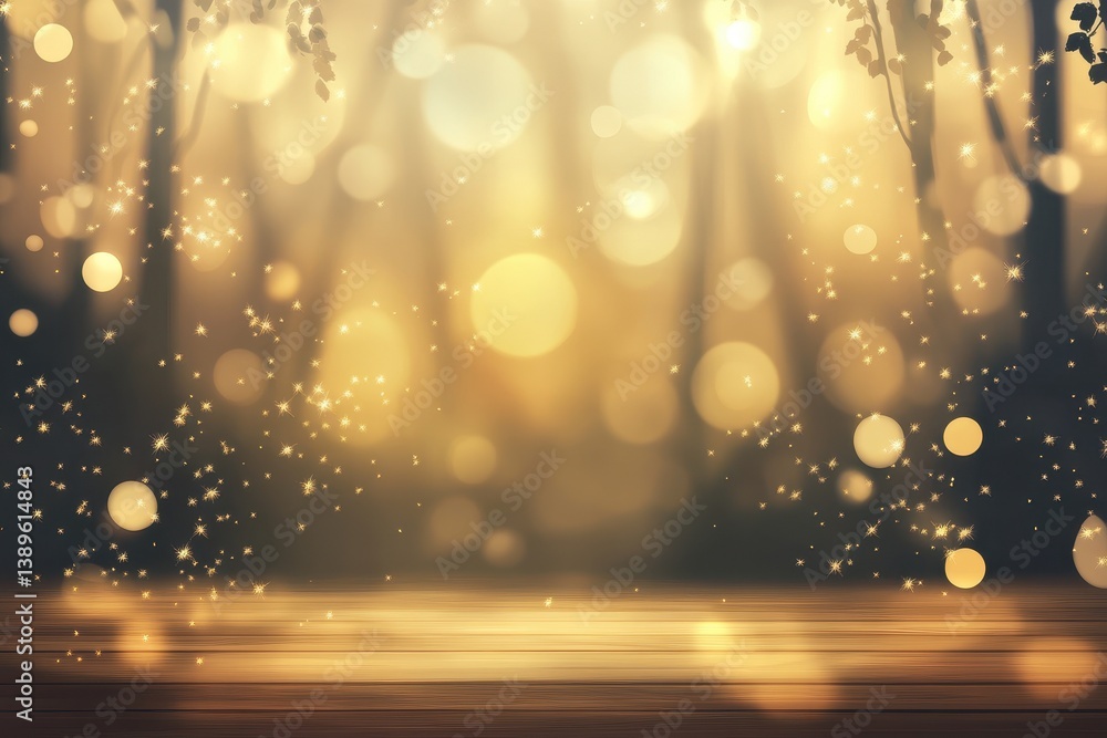 Aufkleber golden bokeh lights and sparkles over wooden table background for festive celebration with abstract 