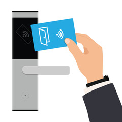 Hand placing plastic contactless key card to open door of hotel room isolated on white background. Smart lock, wireless technology concept