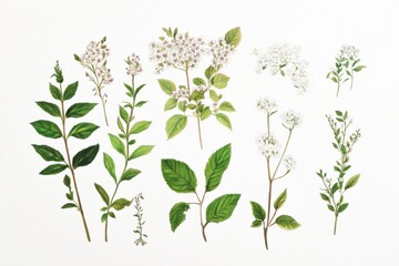 Fototapeta premium Detailed illustration showcasing various parts of Spiraea plant on a clean background