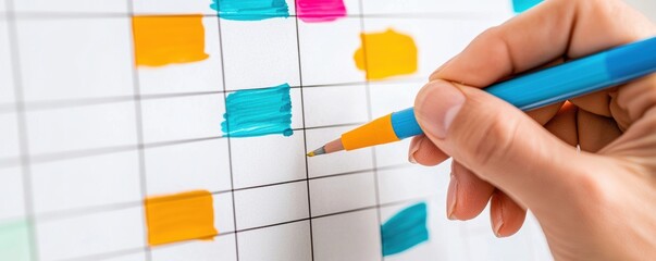 A person is using a colored pen to mark a planner or calendar filled with colorful squares.