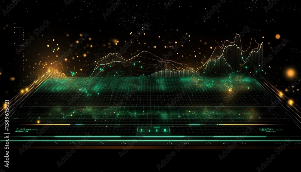 Poster green and gold abstract data visualization with digital network and futuristic technology on black b