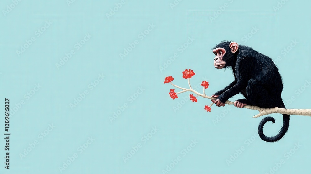 Poster a monkey is sitting on a branch with a red flower in its hand. the image has a playful