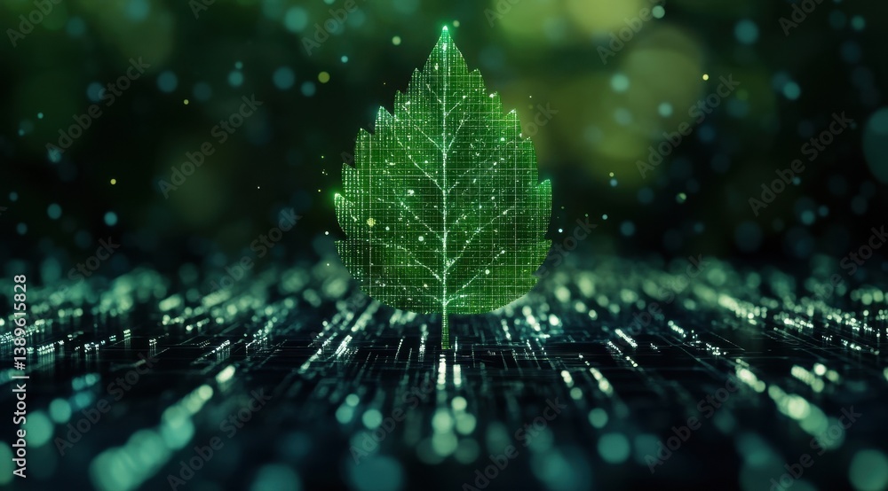 Poster Green Digital Leaf on Circuit Board with Bokeh Lighting Symbolizing Technology and Environmentalism in Abstract Design Concept with Futuristic Elements