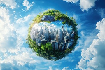 Green Earth Globe with Cityscape Under Blue Sky and Clouds Environmental Concept of Urban Sustainability and Ecological Balance