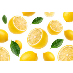 Obraz premium Whole and sliced lemons with green leaf in mid-air isolated on transparent background