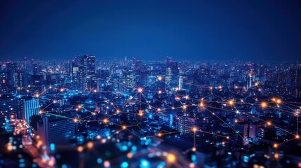 Obraz premium Networked Metropolis: Illuminated Cityscape with Digital Connectivity Overlay