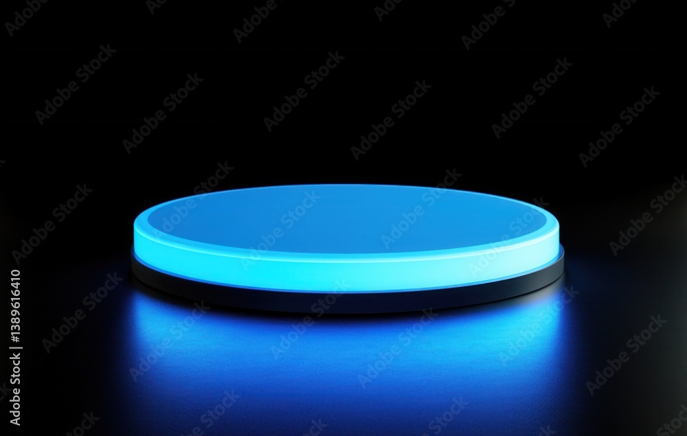 Poster Illuminated Blue Round Platform on Dark Background for Product Display Modern Minimalist Design and Futuristic Stage for Presentation in Studio Setting