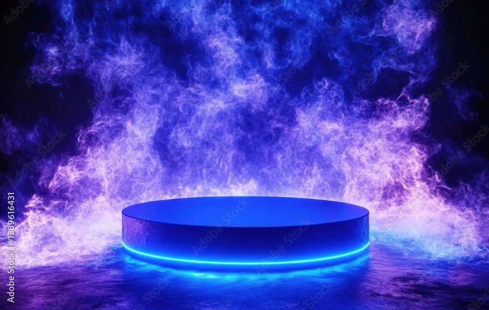 Aufkleber illuminated blue podium with glowing particles in a dark space futuristic stage display with abstrac