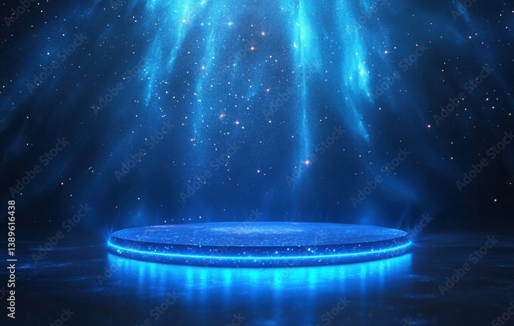 Poster illuminated blue round podium with glowing lights against a dark background for product showcase or 