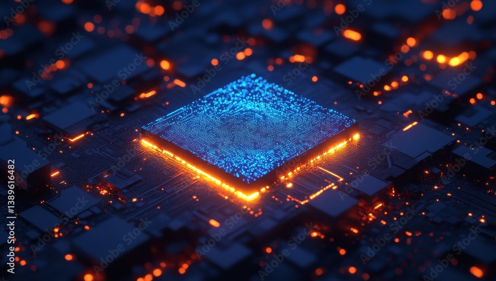 Poster Illuminated Circuit Board with Blue Chip and Orange Light Representing Modern Technology and Artificial Intelligence in a Futuristic Design