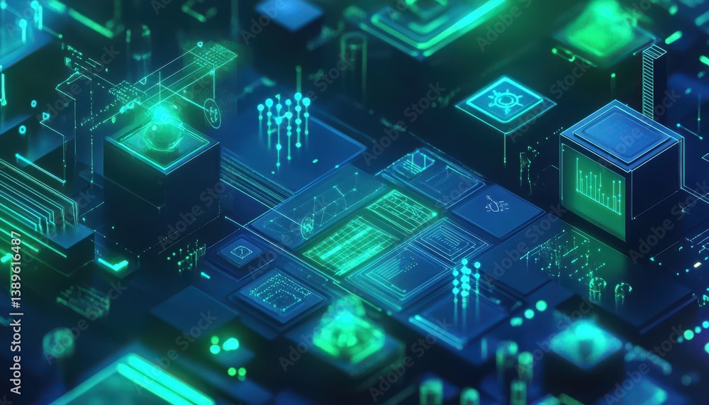 Aufkleber illuminated circuit board technology with blue and green lights depicting modern hardware engineerin