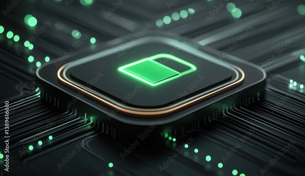 Poster Illuminated Green Microchip on Dark Circuit Board Abstract High Tech Concept with a Futuristic Glowing Design and Technological Innovation Depiction