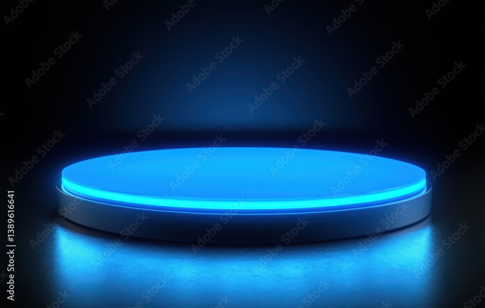 Aufkleber Illuminated Round Platform for Product Showcase on Dark Background with Blue Glowing Edge Creates a Modern Futuristic Stage