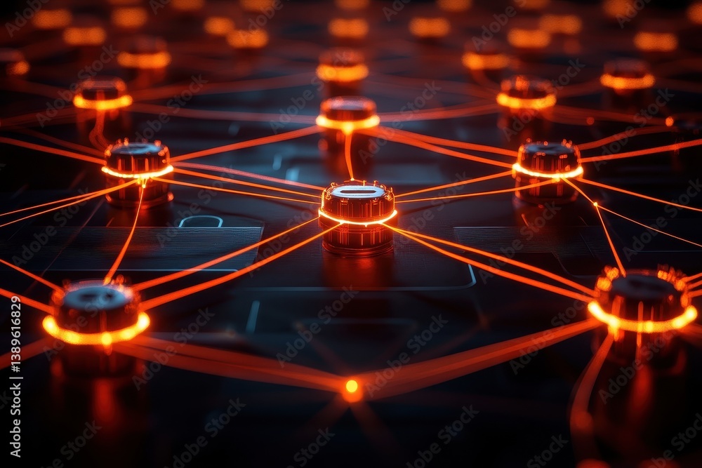Aufkleber Interconnected Glowing Orange Network Nodes on Dark Surface for Technology Concept with Artificial Intelligence and Cyberpunk Aesthetics in Complex Geometric Pattern