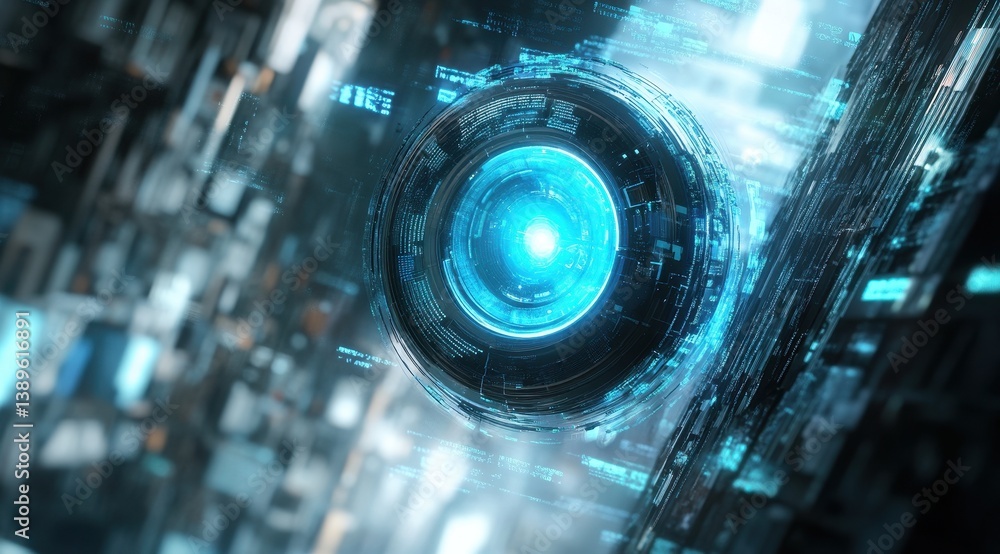 Poster Intricate Abstract Glowing Blue Cyberpunk Sphere Floating Among Digital Structures Complex Futuristic Sci-Fi Background Artificial Intelligence and Innovative Technology