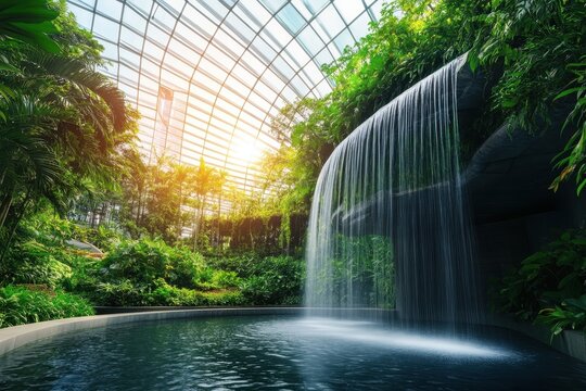 Indoor Waterfall Display with Sunlight Streaming Through Glass Dome Roof Surrounded by Lush Green Vegetation Creates a Serene Tropical Garden Landscape with Bright Daylight