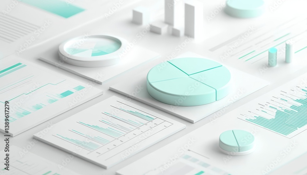 Poster Isometric View of White Business Data Charts and Graphs on White Background Displaying Business Trend Analysis and Marketing Strategies