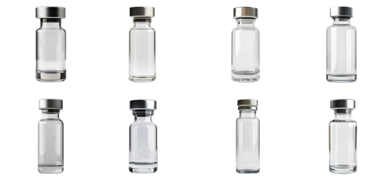 Set of Glass Medical Bottles Isolated on Transparent Background, Glass Medical Bottle Cutout, PNG