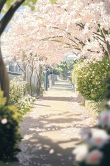 Pathway adorned with blooming flowers creates a serene and inviting atmosphere in spring