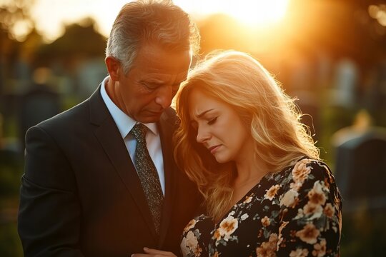 A compassionate funeral director offers comfort to a grieving woman at a cemetery service.
