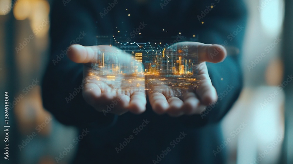 Poster digital financial interface analysis with futuristic visualization