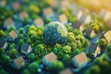 Miniature World Globe Nestled in Green Trees Surrounded by Suburban Houses Depicting Sustainable Community Development and Ecological Balance in Warm Lighting