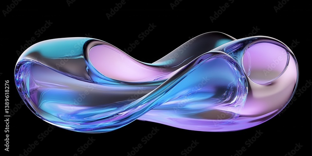 Poster Modern Abstract Flow with Glossy Iridescent Surface and Metallic Reflection on Dark Backdrop Dynamic Shape with Metallic Texture Digital Art in Holographic Style and Smooth Curves
