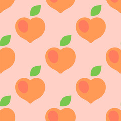 Seamless pattern with peaches on a pastel pink background for Valentines Day. Bright heart shaped peaches background in simple cartoon style. Cute vector pattern for a wrapping paper, textiles etc.