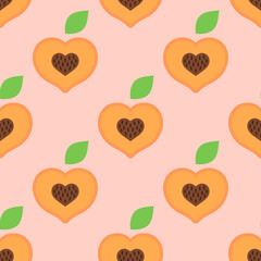 Valentines Day seamless pattern with peaches on a pastel pink background. Heart shaped peach halves background. Cute vector pattern for a wrapping paper, textiles, wallpaper
