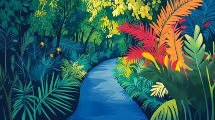 Lush vibrant rainforest with blue stream.