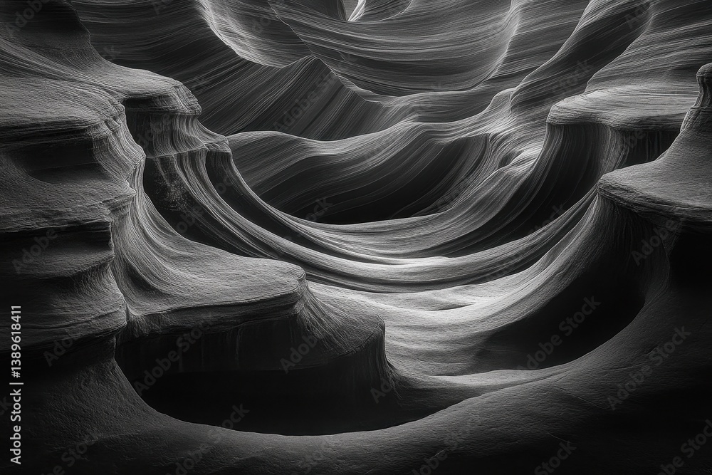 Poster Monochromatic Abstract 3D Render with Wavy Lines Geometric Structure and Dynamic Background in Grayscale