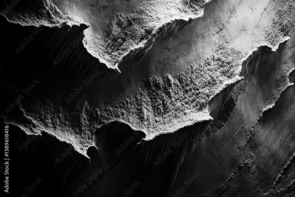 Poster Monochromatic Aerial View of Ocean Waves Crashing on Shoreline with Foamy Texture in Dramatic Lighting on a Dark Day