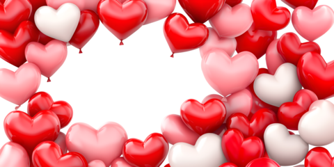 Red pink white heart love shape balloons scattered surround on transparent cutout PNG. Mockup template for design. Long Wallpaper banner border frame. flat lay top view	
