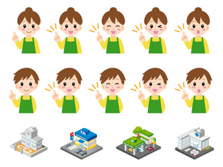 Cute Character Expressions and City Buildings Illustration Set