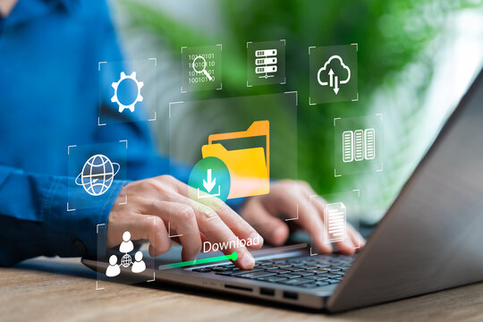 Downloading and uploading data technology management concepts, Businesswomen download data on cloud computers, Document Management, Data transfer backup, File Sharing, Document Transferring online