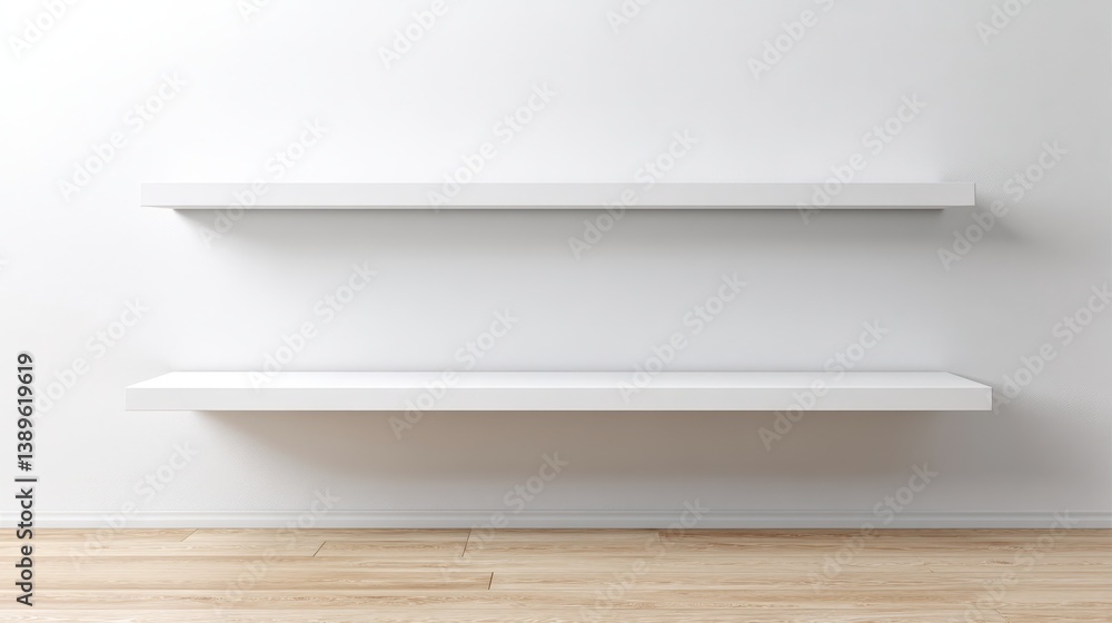 Poster front view of empty shelf on white table and wall background with modern minimal concept. display of