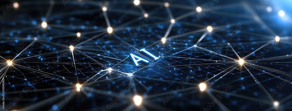 Poster abstract background showcases ai with glowing letters and connections amidst a dark setting of bokeh